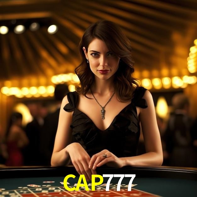 Una escena digital vívida inspirada en casino con CAP777 mostrado prominentemente, luces brillantes, fichas, cartas y acentos dorados.
