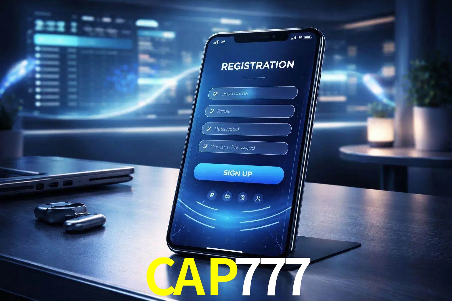 Una interfaz moderna de registro móvil para CAP777 mostrada en un smartphone con un panel de apuestas elegante.